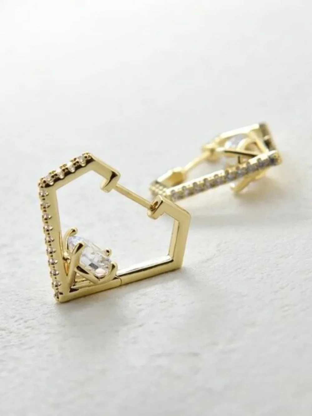 Women's 14K Gold Plated Diamond Shaped Huggie Hoop Earrings CZ Accents